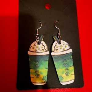 St patricks day Coffee Cup wooden earrings
